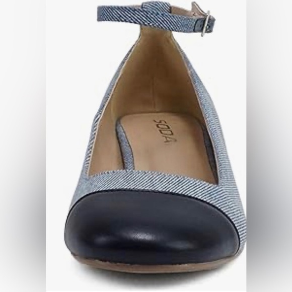 Denim & black Roxana Cap Toe Ankle Strap Low Block‎ Heel Pumps size 10 brand new - Picture 3 of 5
